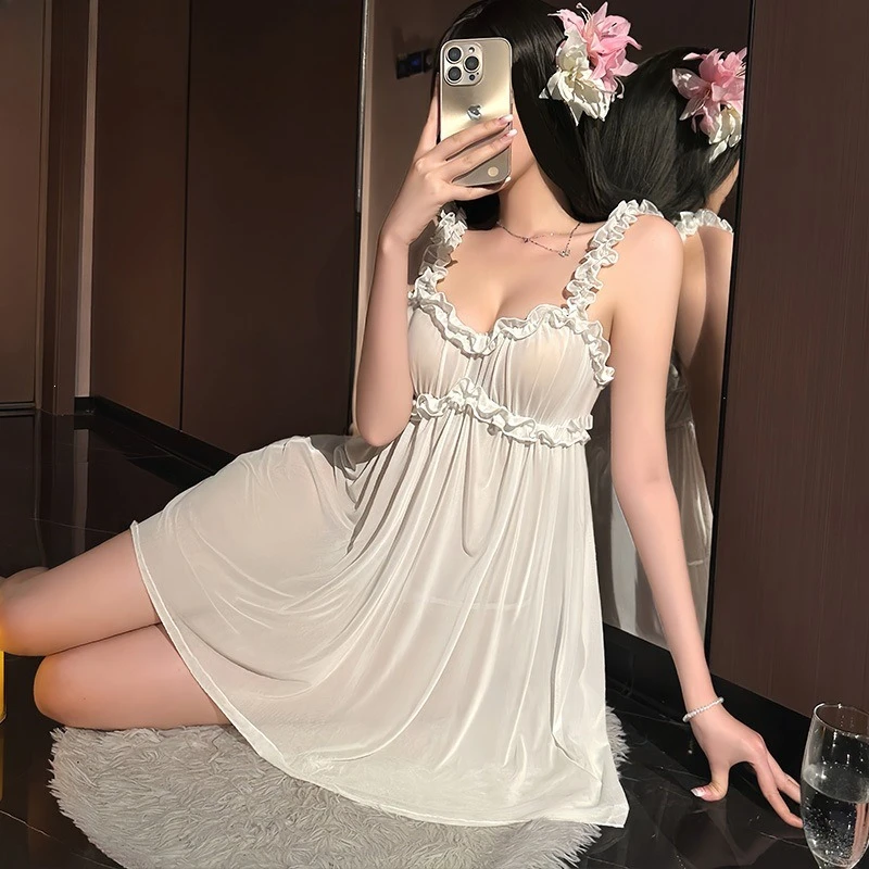 New Transparent Babydoll Sexy Pink Porn Night Dress Lingerie Hot Women Sleepwear Lace Pajama Set + Thong Sex Seductive Nightgown