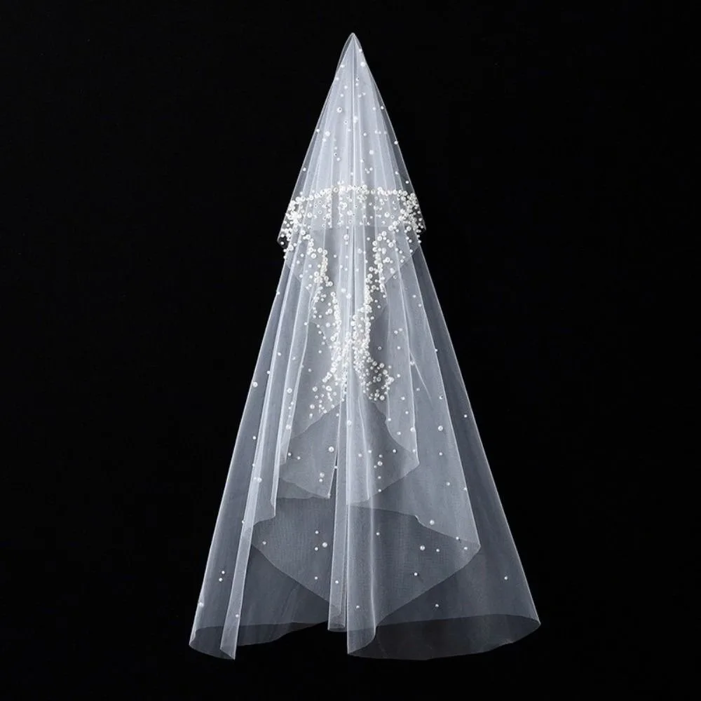

130cm Pearls Tulle Bridal Veil Pearls Without Comb Long Wedding Veil White Bead Vintage Waist Length Drop Veil Wedding Dress