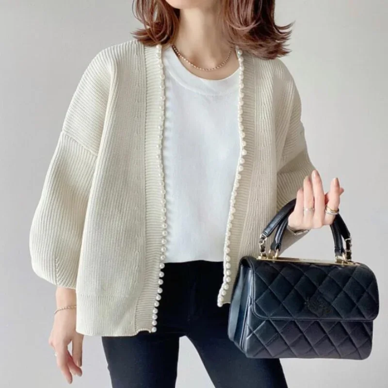 V Neck Long Sleeve Cardigan Femme Chic Exquisite Pearl Patchwork Sweaters Spring Winter Clothes Women Japanese Elegant Coats