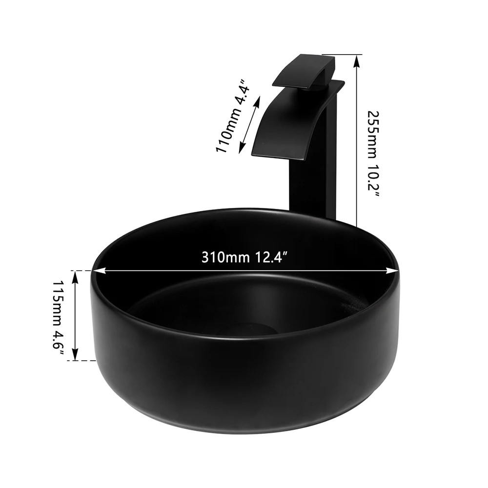 JIENI Bathroom Ceramic Basin Matte Black Washbasins Faucet Set W/ Drainer Waterfall Outlet Hot and Cold Mixer Circular Sink Taps