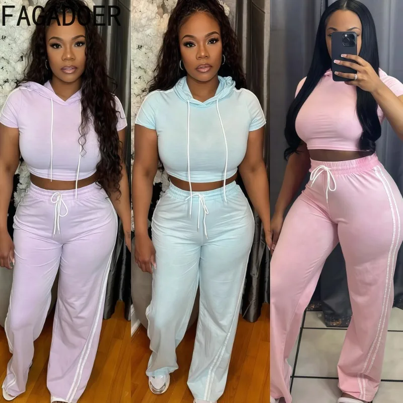 

FAGADOER Fashion Sport Two Piece Outfits Woman Solid Color Short Sleeve Stripe Patchwork Crop Top and Leggings Female Streetwear