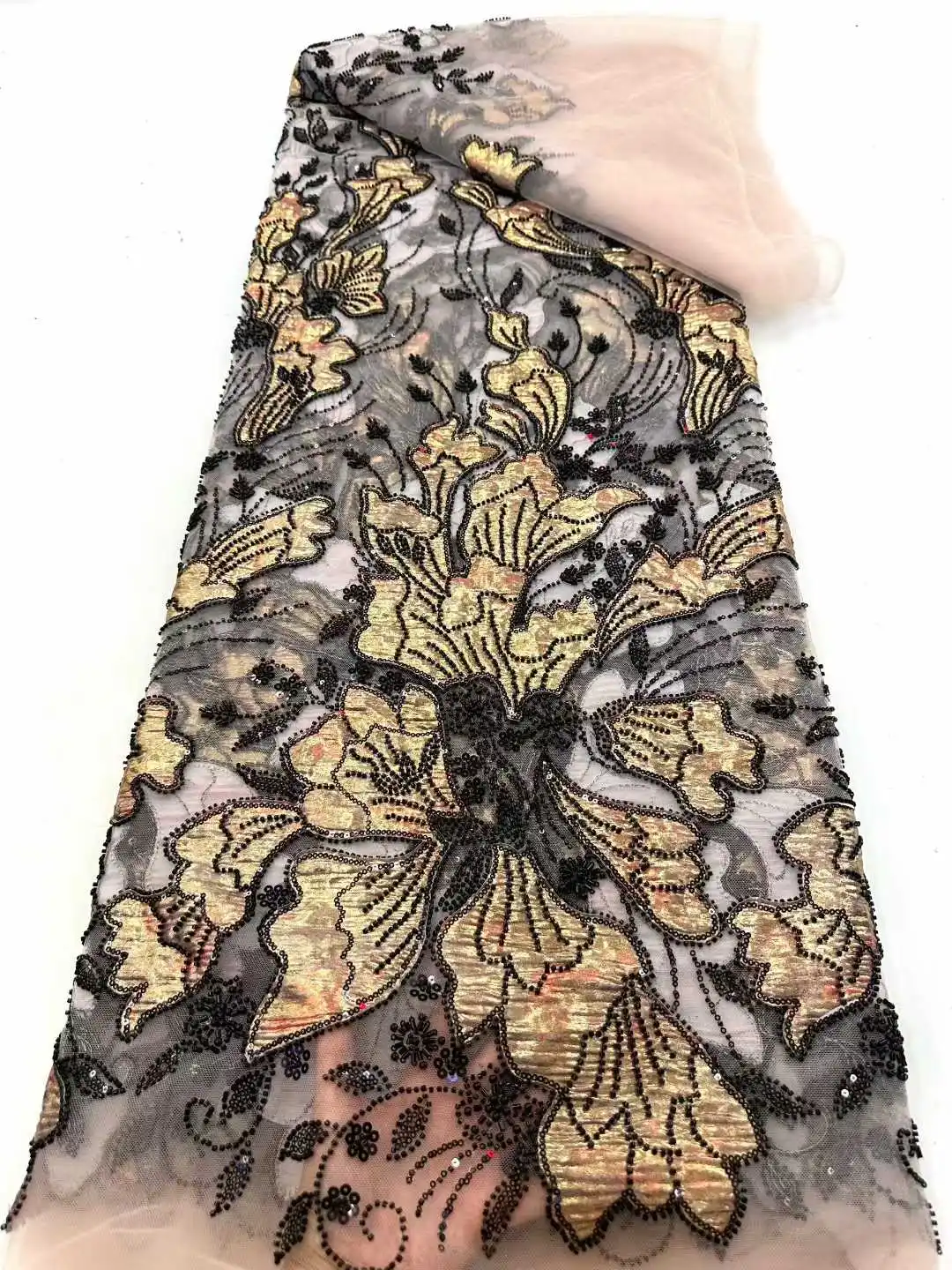 Luxury Nigerian Tulle Beaded Lace Fabric African French Sequins 2025 Embroidery Nigerian For Women's Party Evening Gown Sewing