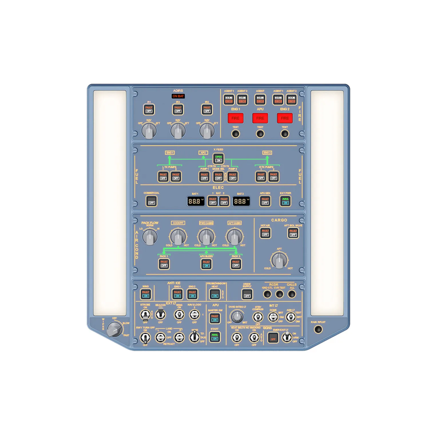 The A320 OVERHEAD PANEL simulates the flight peripherals of the real top plate.