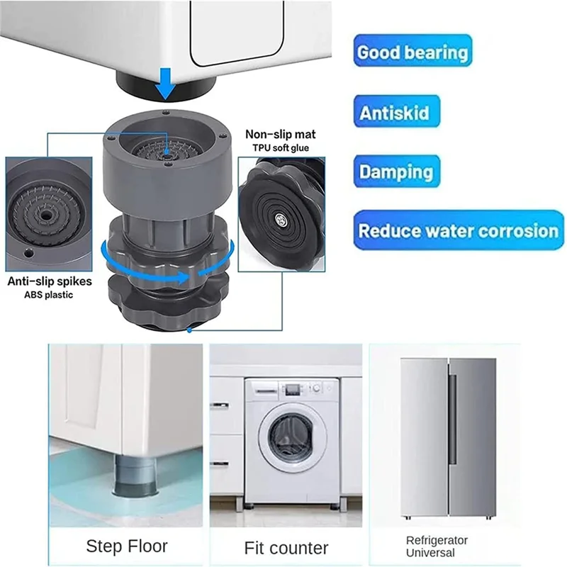 HOT Adjustable Height Washing Machine Support, Anti Vibration Washing Machine Foot Pad, Washing Machine Rubber Feet Pad 4PCS