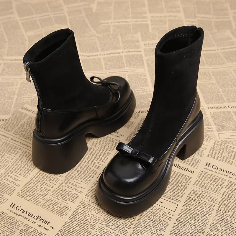 Damen Plateaustiefeletten mit Blockabsatz Socken Booties Schwarz mit Schleife Runde Kappe Reißverschluss Hinten Stretch Gothik Boots – Detail 5