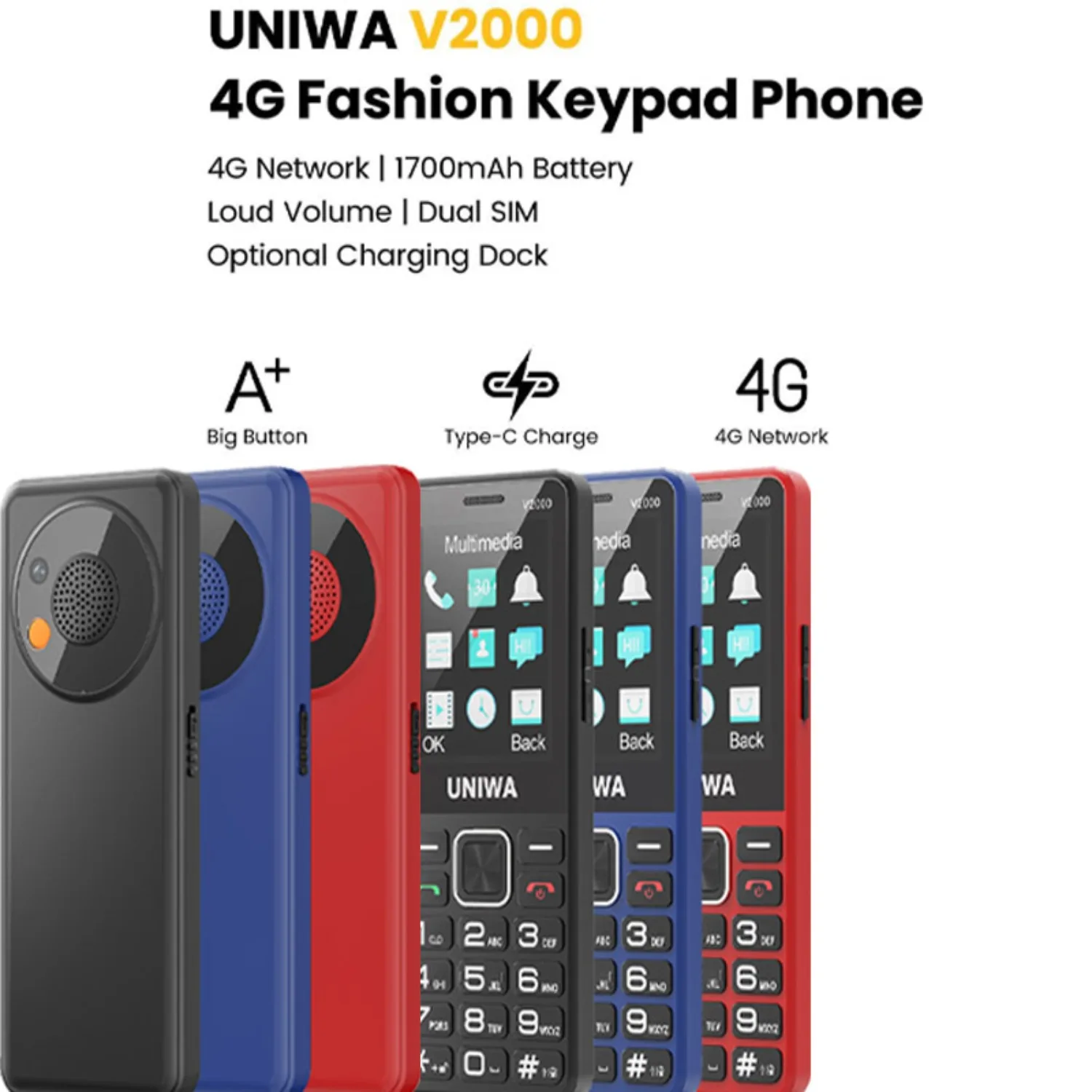 UNIWA V2000 4G Keypad Feature Phone 2.4 “ Big Button Loud Volume Dual SlM Removable 1700mAh Russia for Elderly SOS Bluetooth 5.0