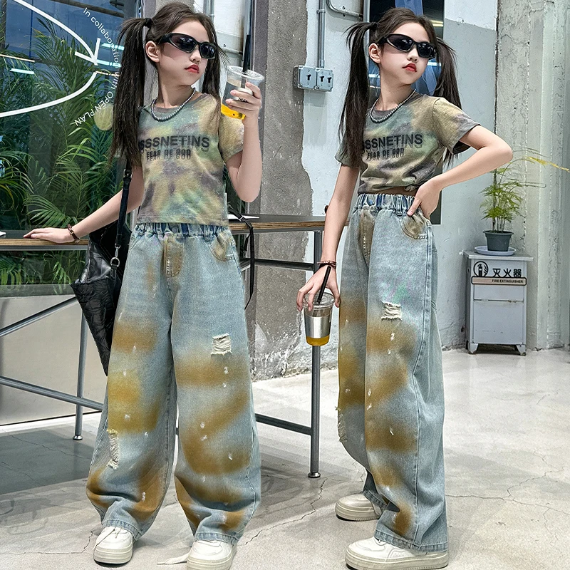 ensembles fille enfant 8 10 12 14 cotton Tie dyed T-shirt+hole Wide leg jeans 2pcs teen girls clothes set child outfits kid suit