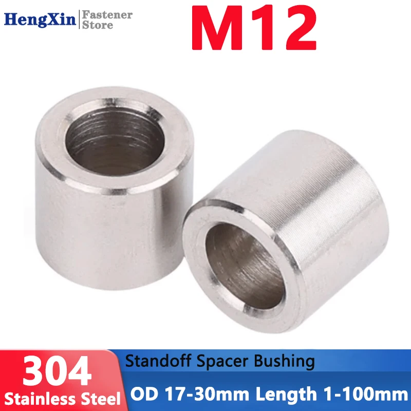 OD 17-32mm M12 304 Stainless Steel Unthreaded Standoff Spacer Bushing Washer Gasket Round Hollow Sleeve Length 1-100mm