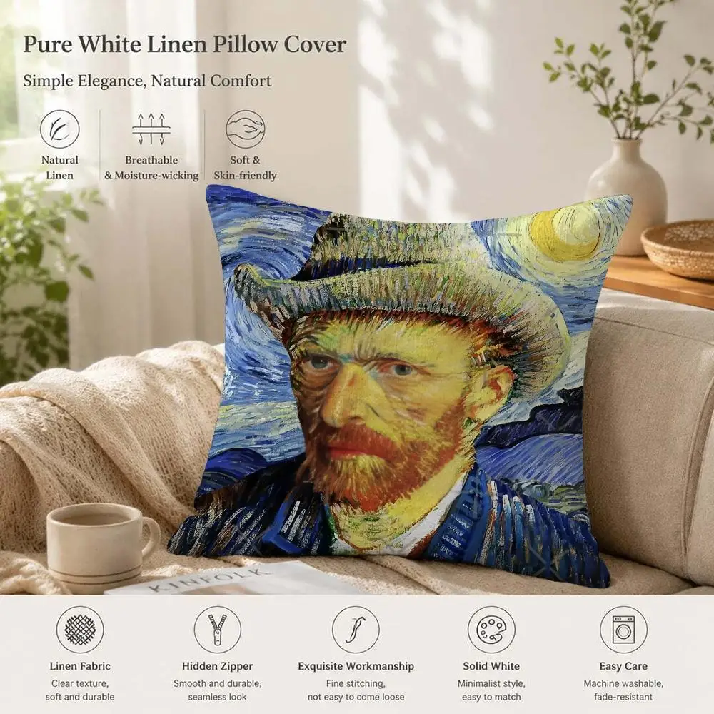 Self Portrait Painting Van Gogh Cushion Cover 1/4PCS Linen Sofa Couch Bedroom Living Room Home Office Decor Pillow Case