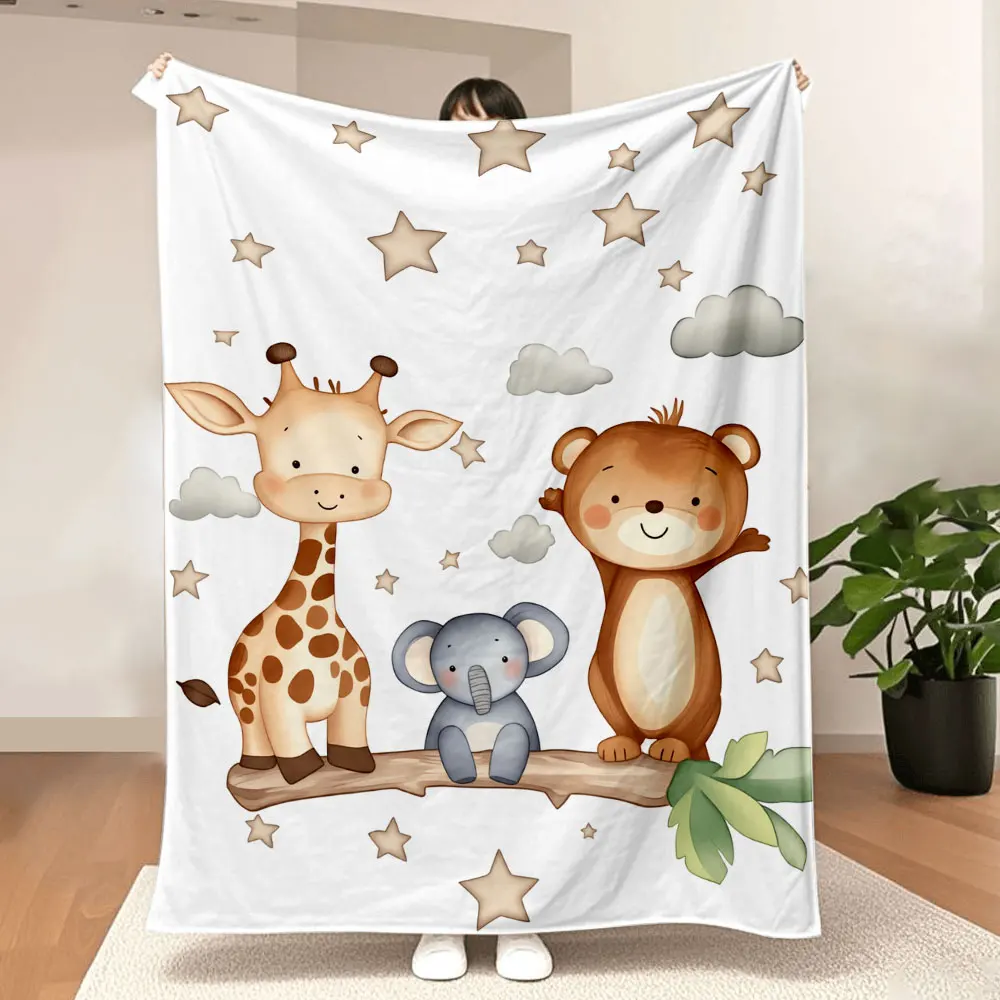Cute Animal Friends Blanket - Whimsical Cartoon Giraffe, Elephant & Teddy Bear Printed Throw, Soft & Cosy for Nursery, Playroom