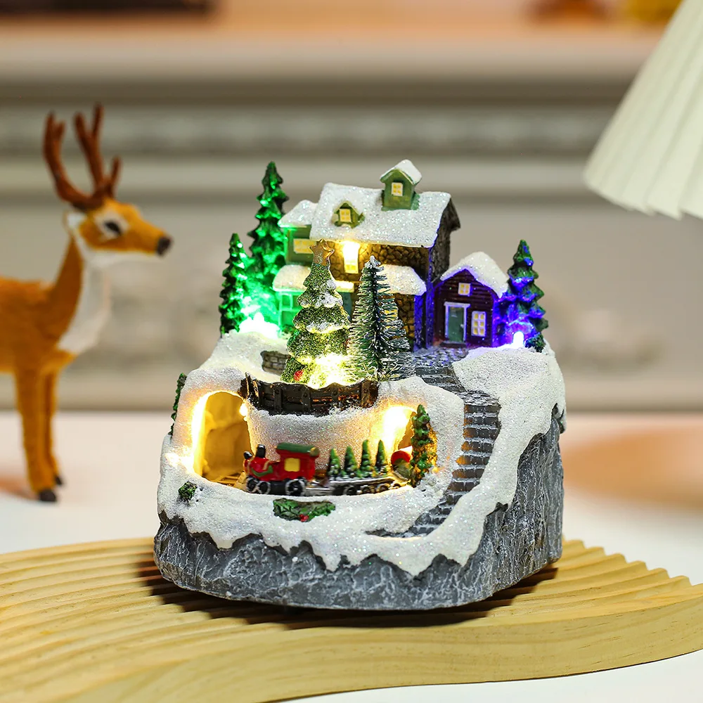 Christmas Village House Figurines Christmas Collectible Buildings Decoration with Spinning Train Music & LED Light for Christmas