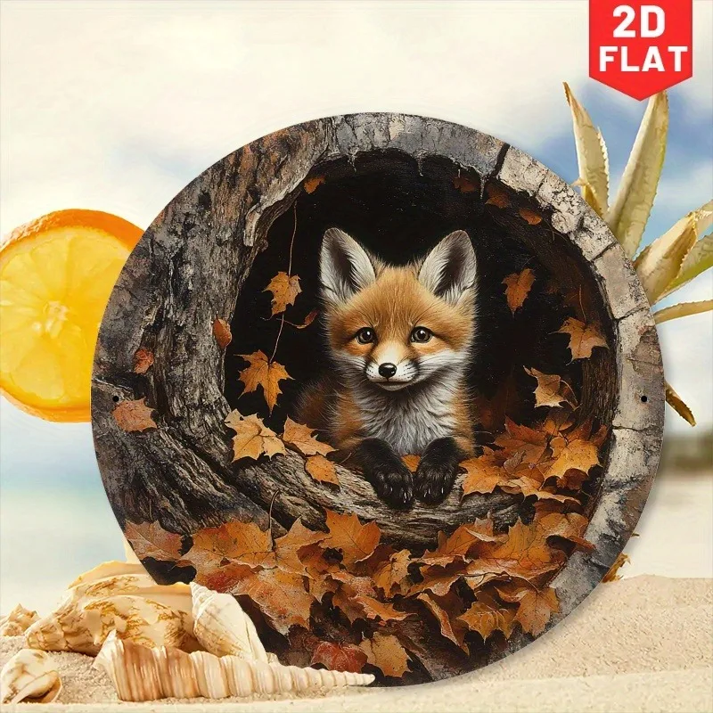 1pc Adorable Fox in Leaves Aluminum Metal Sign-Round Vintage Wall Decor, Rustic Fall Home Decor for Living Room, Bedroom, Office