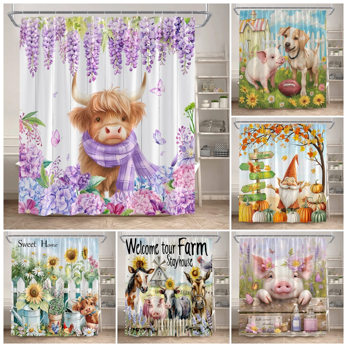 

Декоративные тканевые шторки для ванной с изображением сельскохозяйственных животных: корова, свинья, лошадь, в деревенском стиле, с фиолетовым цветочным узором, подсолнухами и осенними пейзажами