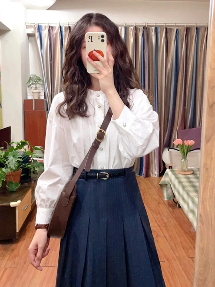 

Белая женская футболка с воротником-стойкой и длинным рукавом, весенне-осенняя, маленького размера, модная, хлопковая, во французском стиле, для ношения под одеждой