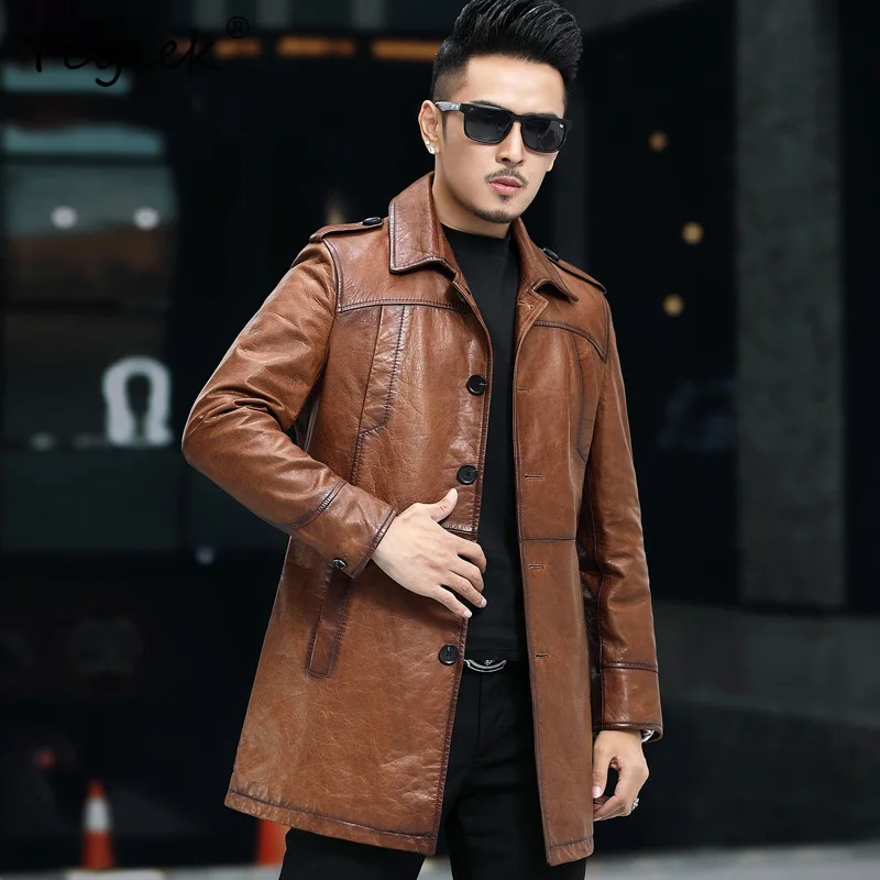 

Tcyeek Natural Sheepskin Real Leather Jacket Men Autumn Clothes Oil Wax Mens Coats Mid-length Leather Jackets Chic Jaqueta Couro