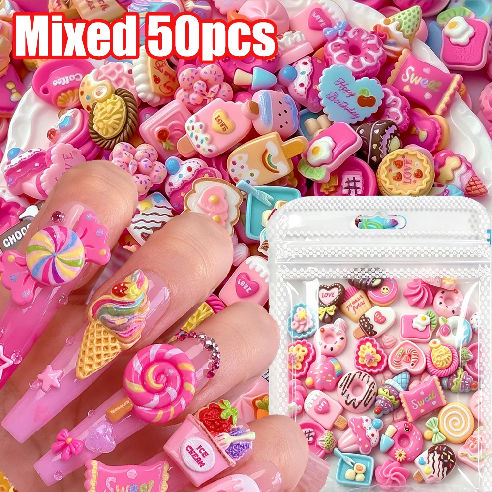 50pcs Kawaii 3D Mixed Summer Sweet Ice Cream&Cake&Donut Nail Charms 10-15mm Resin Pink Dessert Nail Art Cute Donut Manicure Part