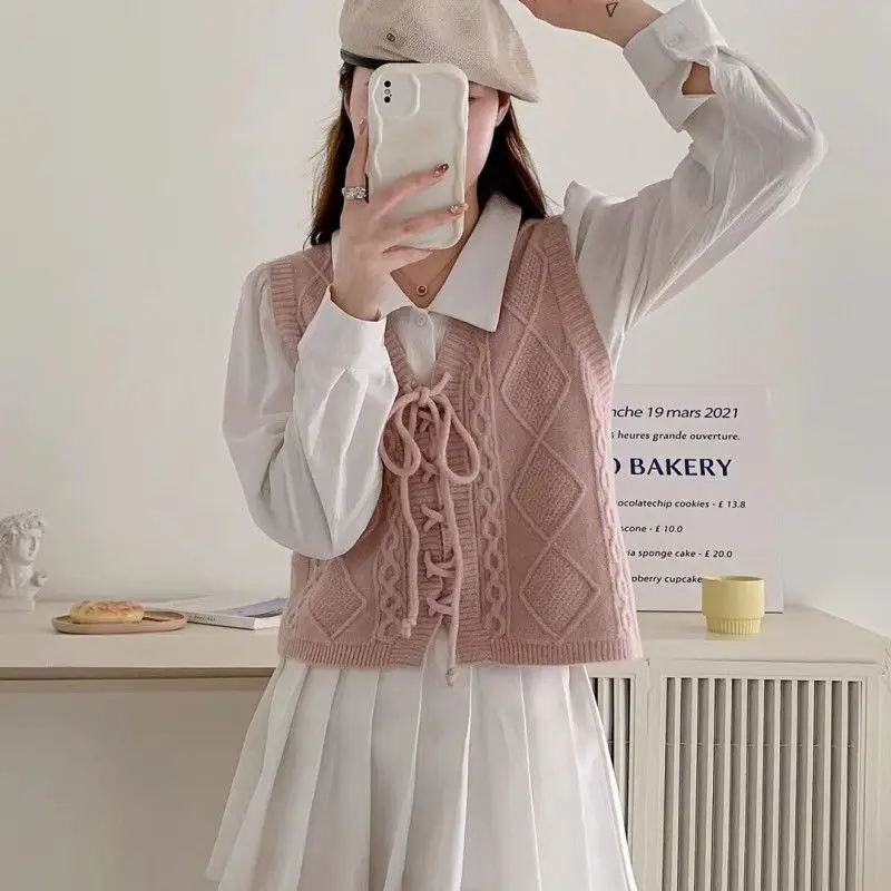 Knitted Sweater Vest Women Lace-up Vintage V-neck Casual Autumn Sweet Preppy Style Soft Chic Simple Girlish Ulzzang Clothing New