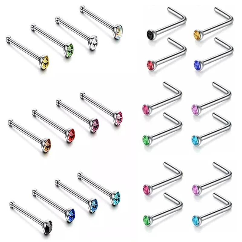 40/60 Piece/set Crystal Surgical Steel Stud Pack Piercing Straight Nose Ring Set Ear Bone Needle Studs Body Jewelry