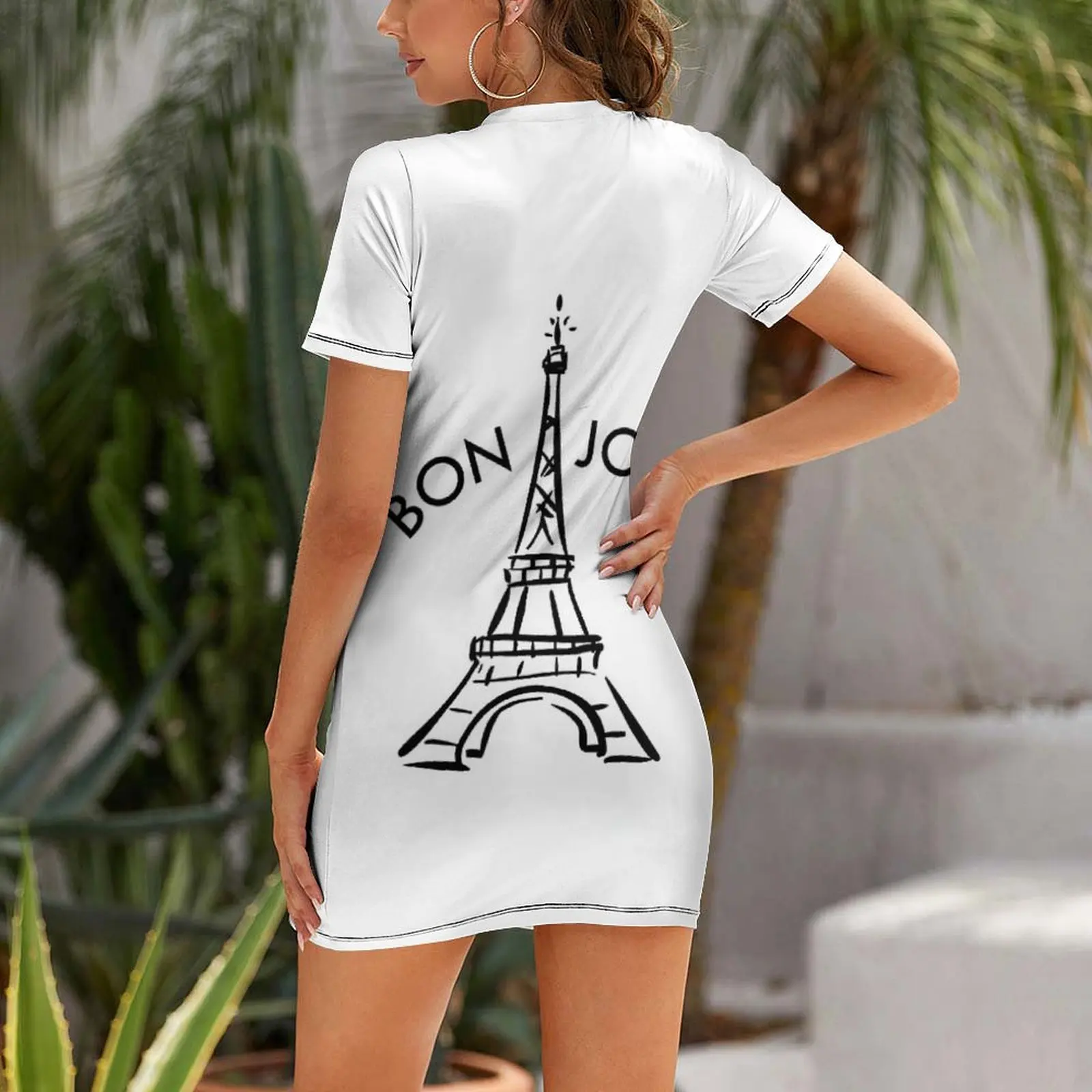 เสื้อยืดลายกราฟิกสไตล์ฝรั่งเศสย้อนยุค บองจูร์ แขนสั้น ชุดเดรสวันเกิด