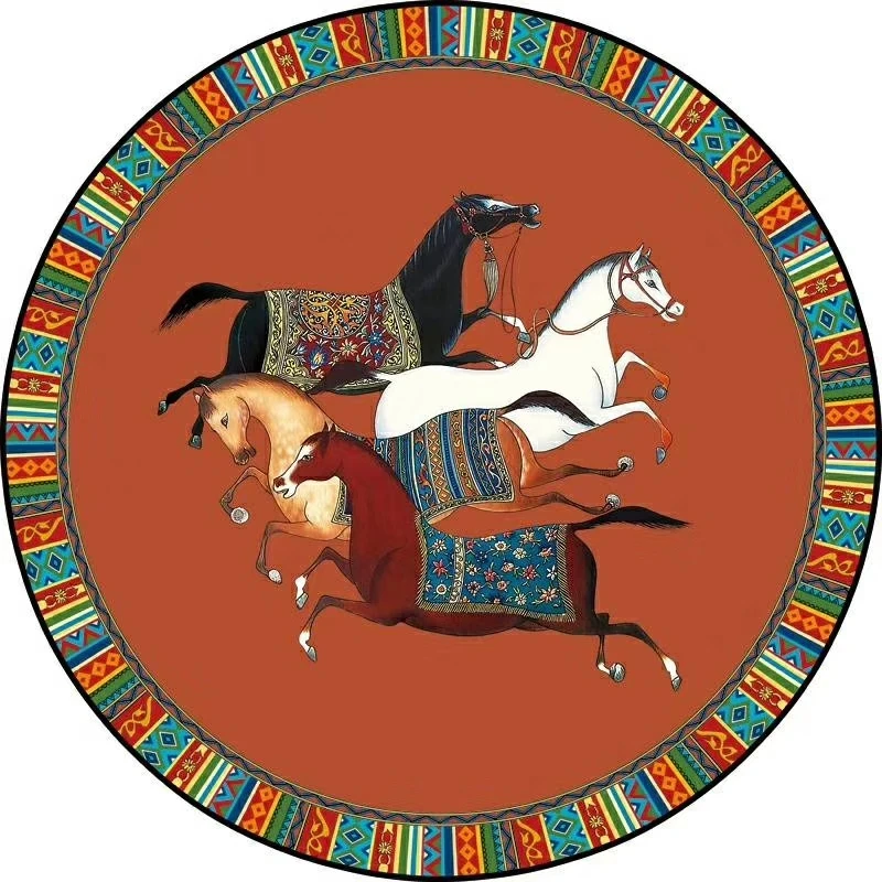 Chinese Style Tiger and Horse Circle Rug Kids Room Decor Carpets Home Living Room Kitchen Round Area Rug Children Teenager Gift