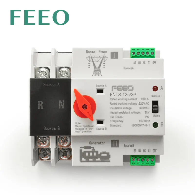 FEEO 2P ATS Dual Power Automatic Transfer Switch Electrical Selector Switch Uninterrupted Power 125A Mini 220V 50-60Hz Home use