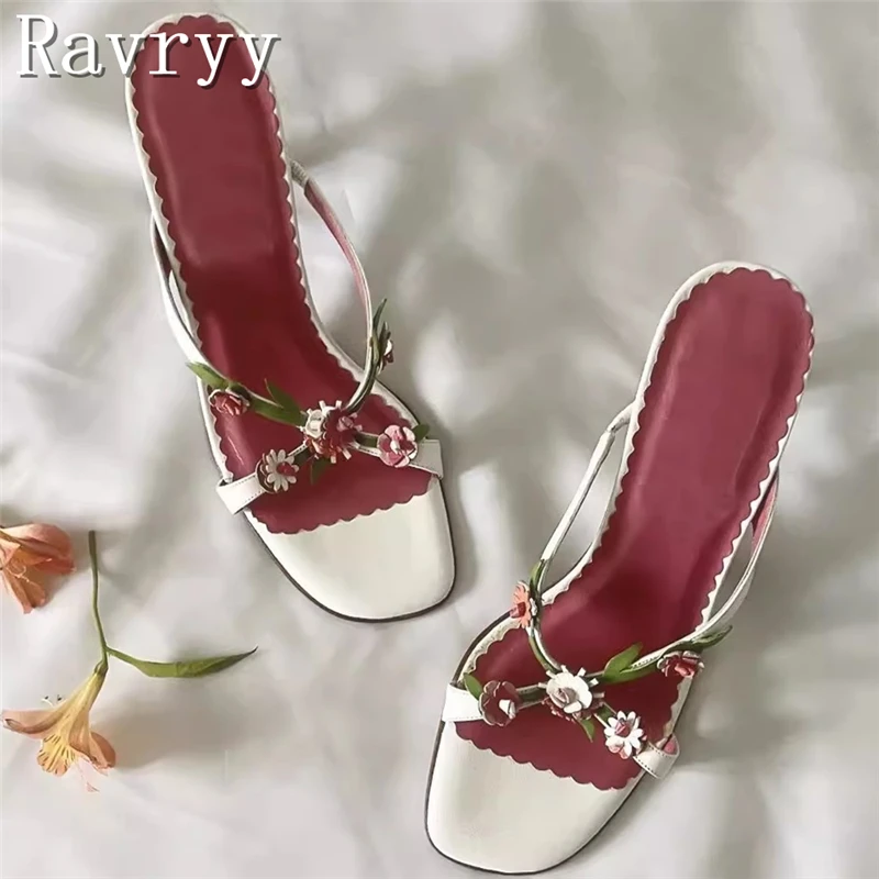 Beautiful Flowers High Heels Slippers Women Summer New Designer Square Toe Cross Strap Sandals Sweet Girls Dress Shoes