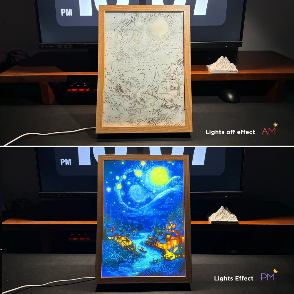 Van Gogh starry sky lamp,wood frame USB plug dimming night light,for wall hangings and desktop ornaments mood lamp decorate gift