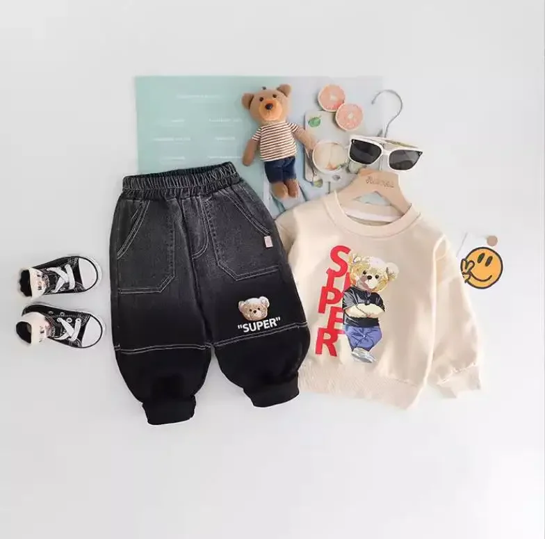 Conjuntos de estilo coreano para bebés, conjunto de ropa con oso de dibujos animados, camisetas y pantalones de manga larga con cuello redondo, chándales para niños pequeños