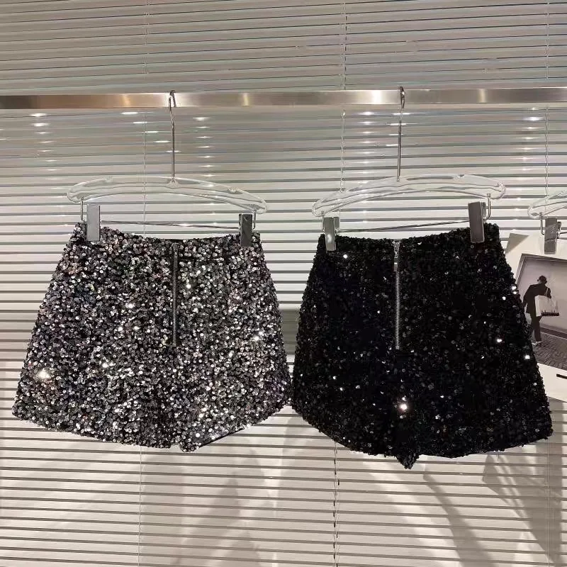 

Meyyithun New Clubwear Shorts Ladies Sexy Sequins Shorts Loose High Waist Streetwear Wide Leg Short Pants Women Clothing 0308TB