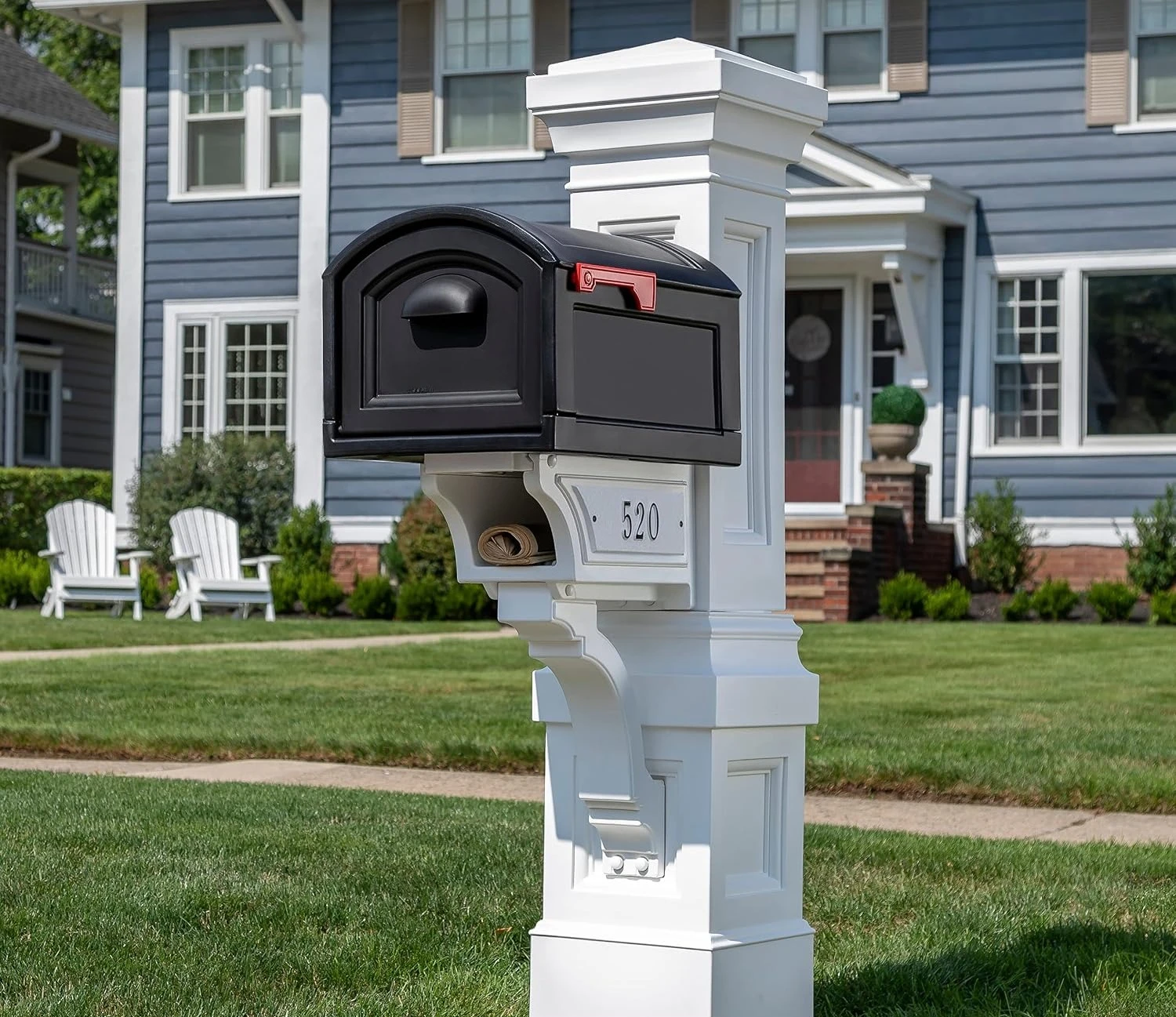 Large Heavy Duty Mailbox Post Kit, Outdoor Weatherproof Plastic Post Box With Magnetic Latch Door And Newspaper Chute, Heavy Duty Lawn Mailbox Cover Stand, Onyx Black White