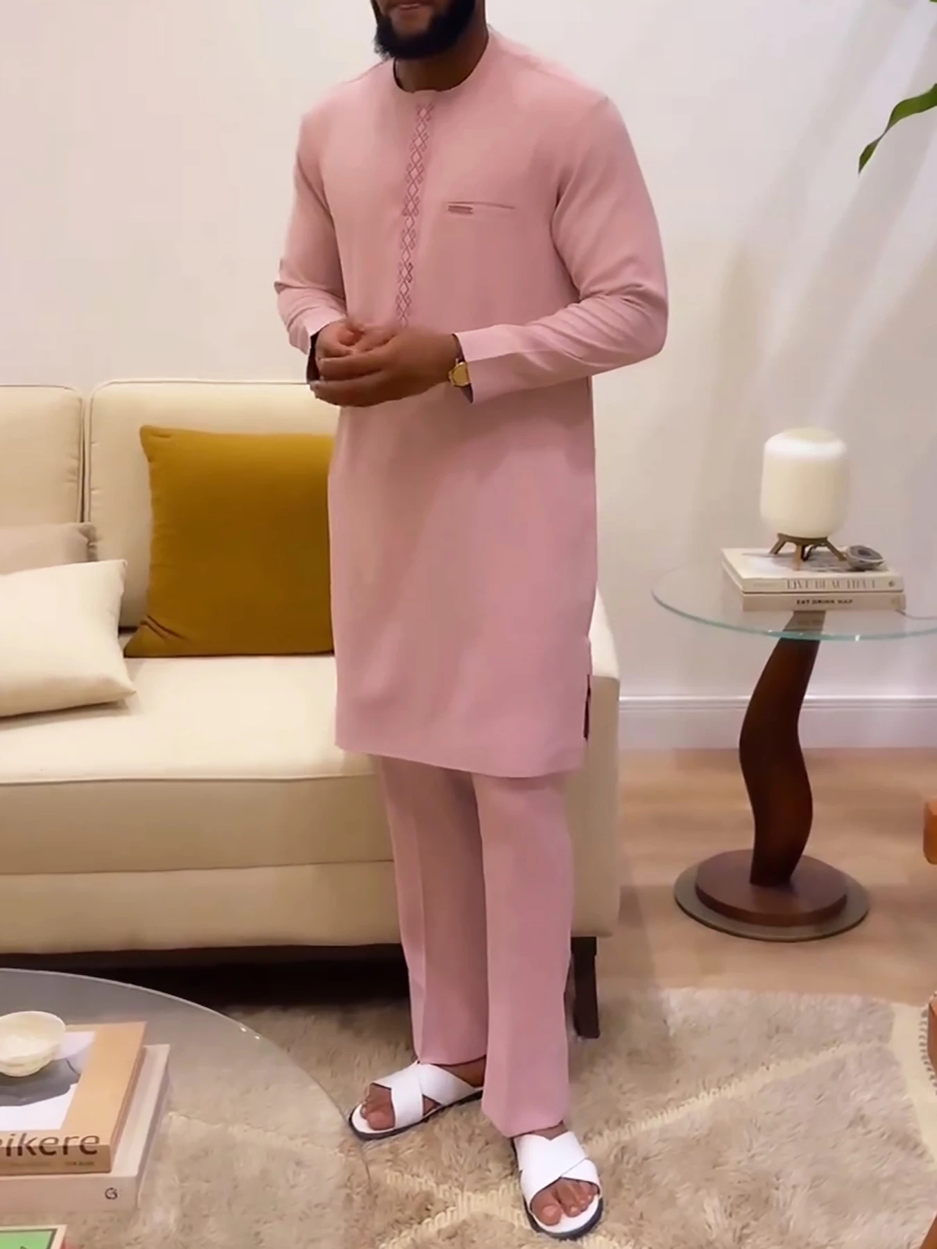 African Kaftan Nigeria Men Traditional Outfits Fashion Trends Costumes Elegant Pink Oversized Big Size 2 Piece Set Male Clothes