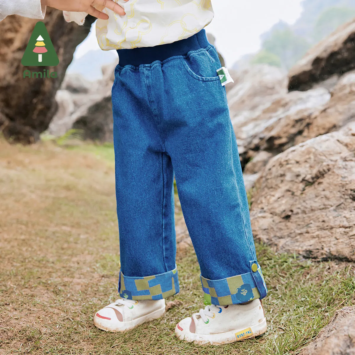 Amila Baby Jeans 2024 Autumn New Girls A-Line Wide-Leg Version Cotton Soft Denim Contrast Color Stitching Children‘S Trousers