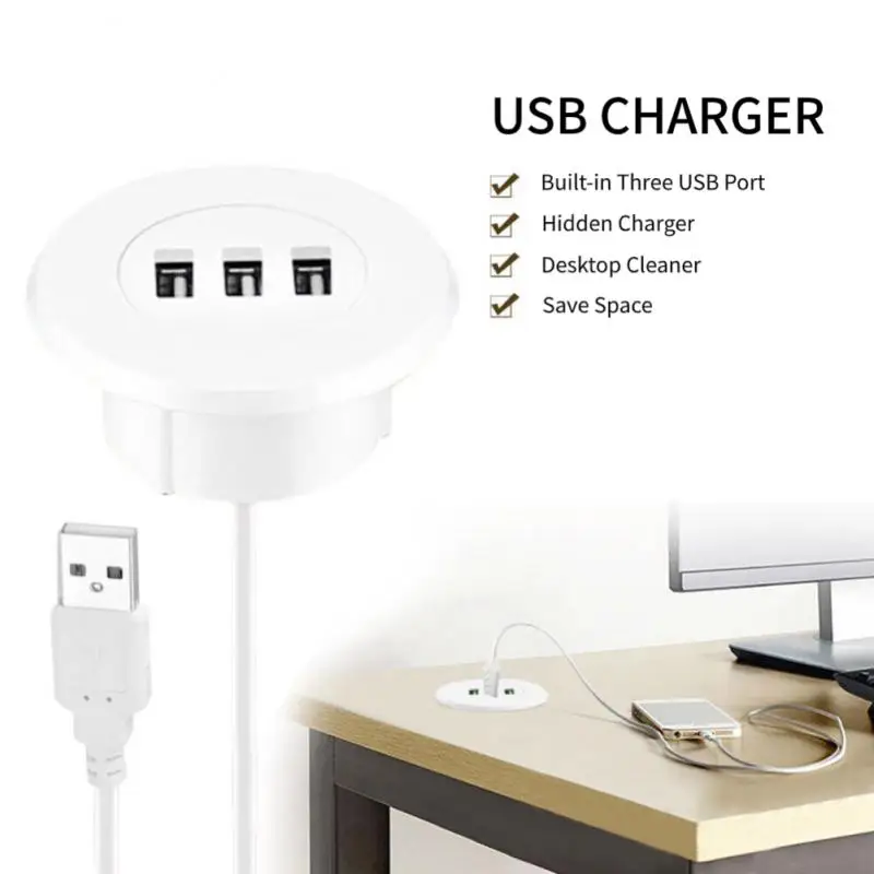 3-in-1 USB 2.0 Hub Desktop Embedded HUB Hub Computer Desk One Drag Three Splitter White USB2.0 Read Data Line Splitter