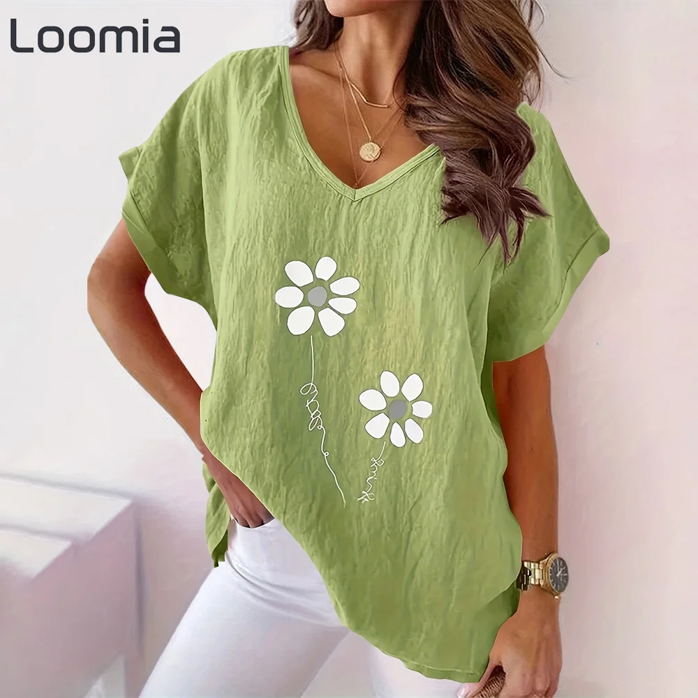

Floral Graphic T Shirts Woman Clothing Minimalism Floral T-Shirt Summer Female Clothing V-Neck Woman Clothing Short Sleeve Tee