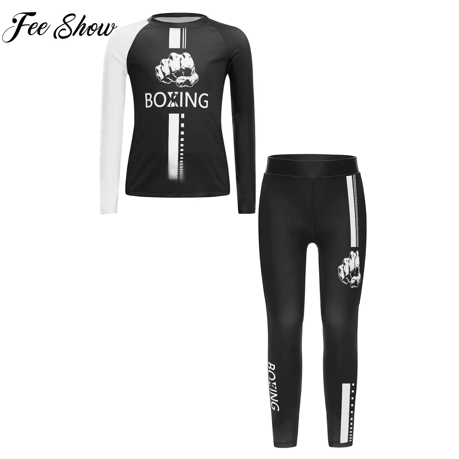 

Детский дышащий боксерский наряд для мальчиков, костюм для кикбоксинга, футболка с длинными рукавами и леггинсами с буквенным принтом для спортивных тренировок