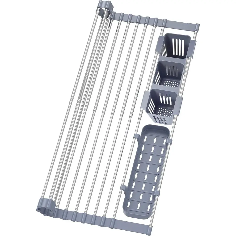 

Expandable Roll Up Dish Drying Rack Up to 22.8''with 2 Storage Baskets,Over The Sink Kitchen Rolling up Dish Drainer Drying Rack