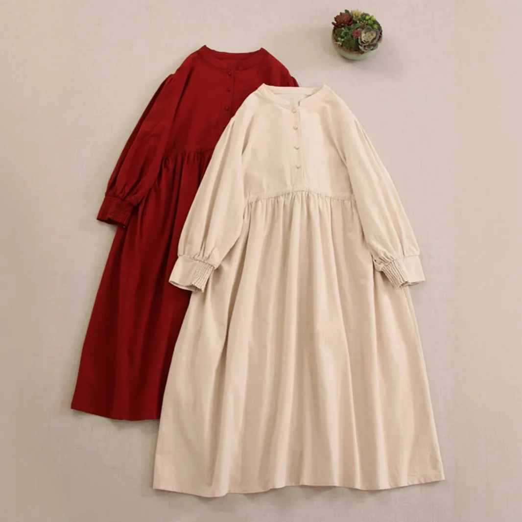 Japanese Sweet Mori Girl Solid Color Thicken Cotton Dress Women Autumn Winter New Stand Collar Long Sleeve Casual Loose Dresses