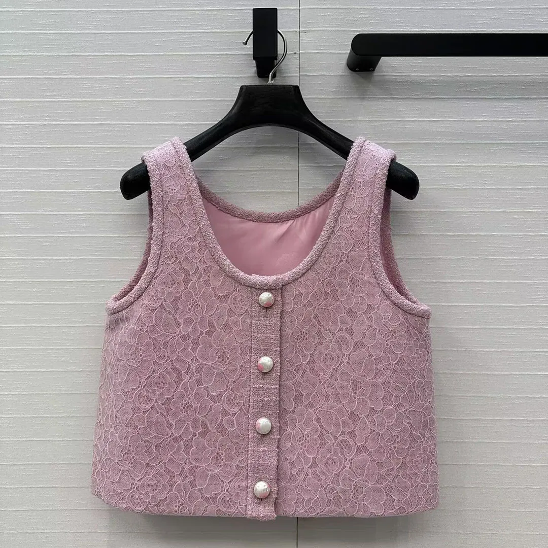 

New Spring Fashion Cute Pink Lace Tweed Vest Jacket Women O-neck Sleeveless Pearl Single Breasted Trendy Short Design Coat