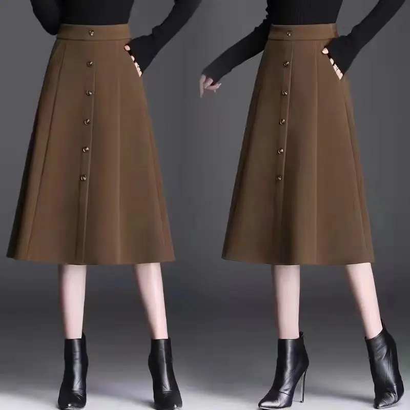 

2023 Women's Autumn Winter New Long Big Swing Skirts Female High Waist A-line Skirts Ladies Solid Color Woolen Skirts Q382