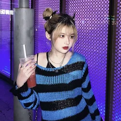 Neue Deeptown Gothic Streetwear Gestreifte Gestrickte Gothi Pullover Frauen Harajuku Punk Aushöhlen Jumper Loch Lose Alle-spiel Tops