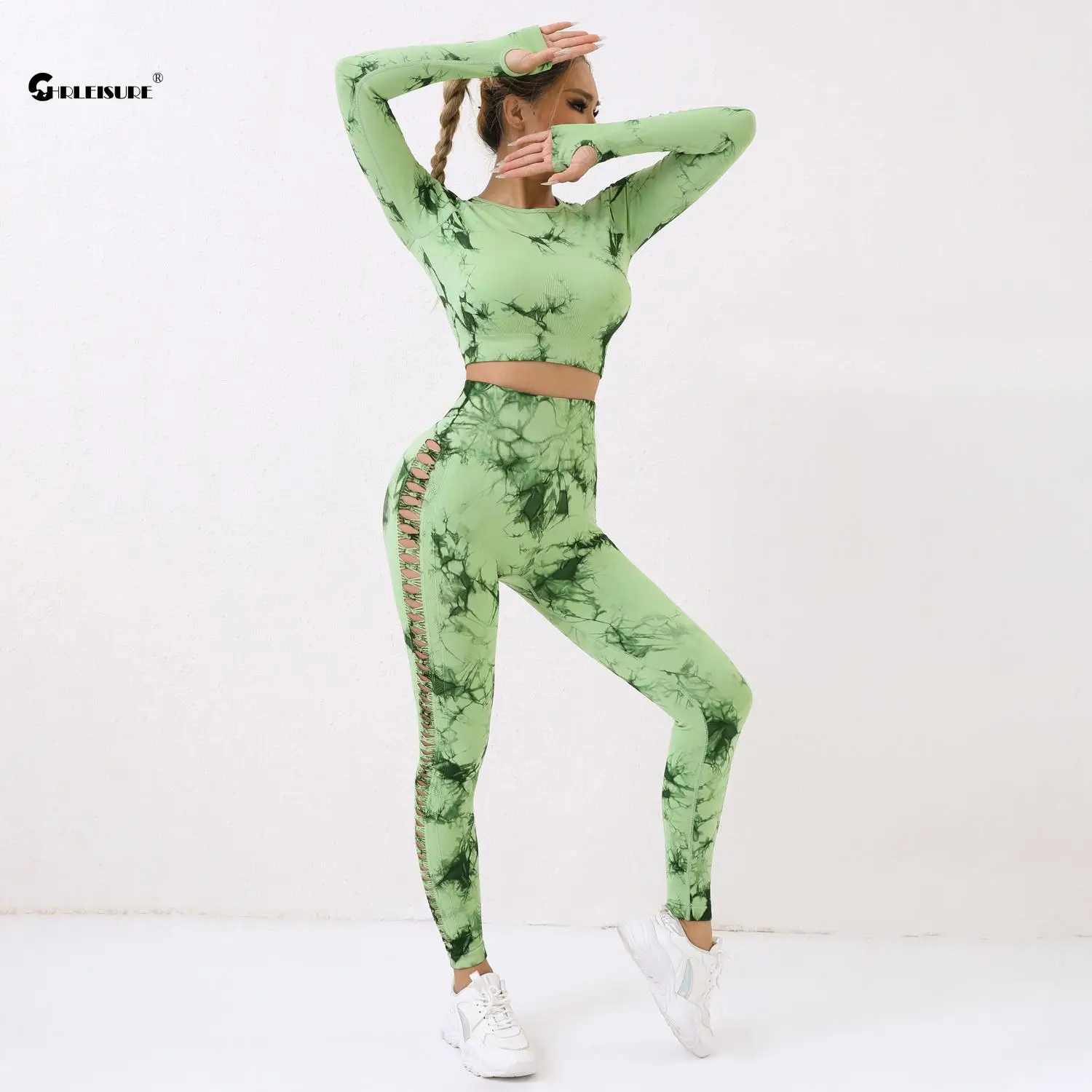 CHRLEISURE 2 szt. Hollow Tie Dye zestaw do jogi dla kobiet bezszwowy strój sportowy top do fitnessu z legginsami treningowymi odzież sportowa