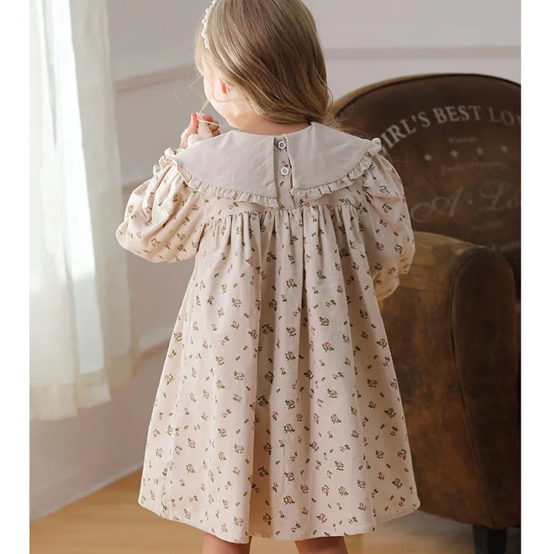 2025 New Spring Sister Dress 2-7Yrs Girl Party Dress Long Sleeved Cotton Flower Print Kids Princess Dresses Children Clothes