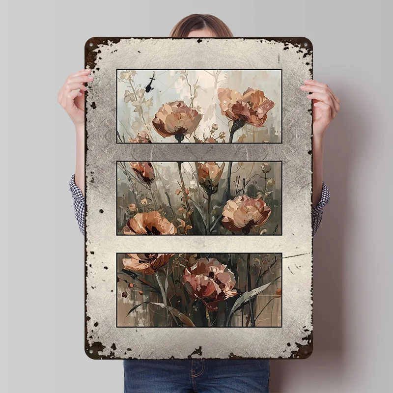 Abstract Floral Triptych Painting Metal Poster Tin Signs Wall Art Things for Room Design Custom Metal Sign for Home Decoration