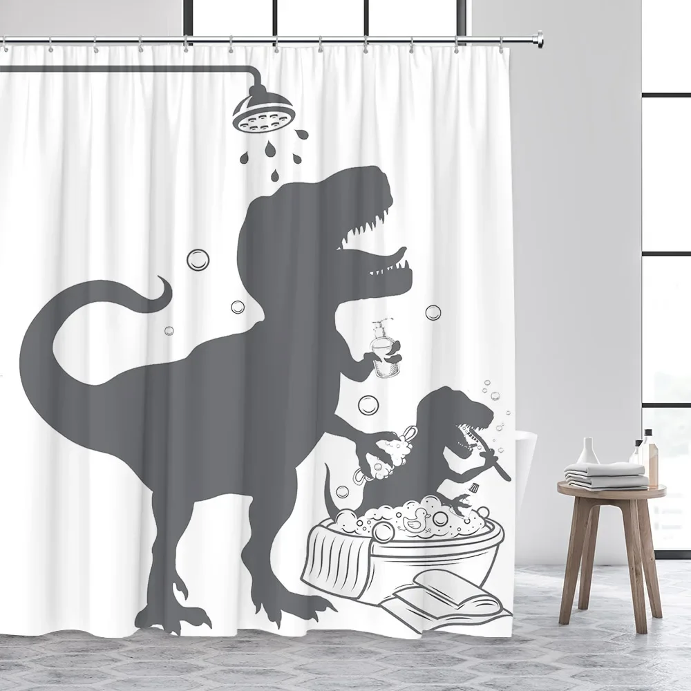 

Funny Animal Shower Curtain, Black and White Wildlife Elephant Dinosaur Shower Cartoon Cat Polyester Fabric Bathroom Decor Set