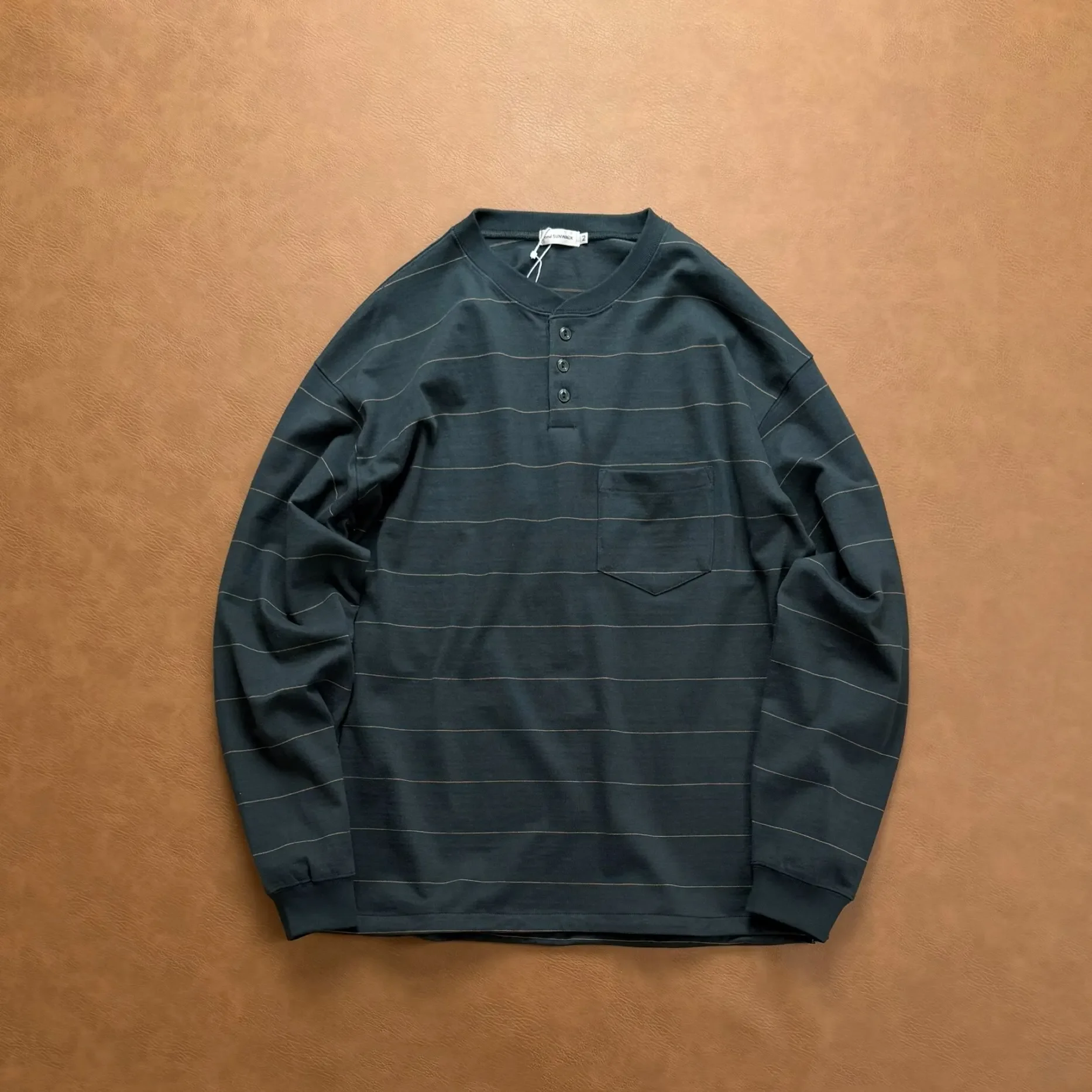 Japanese niche cotton yarn [REMI] heavy stripes, Henry collar, loose style, long-sleeved T-shirt.