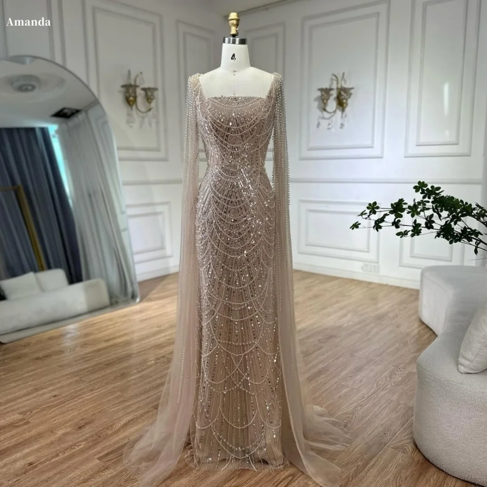 Amanda Customized Champagne Beaded Square Collar robes de soirée Long Sleeves A-line Party Dresses Floor-Length Prom Dress 2024