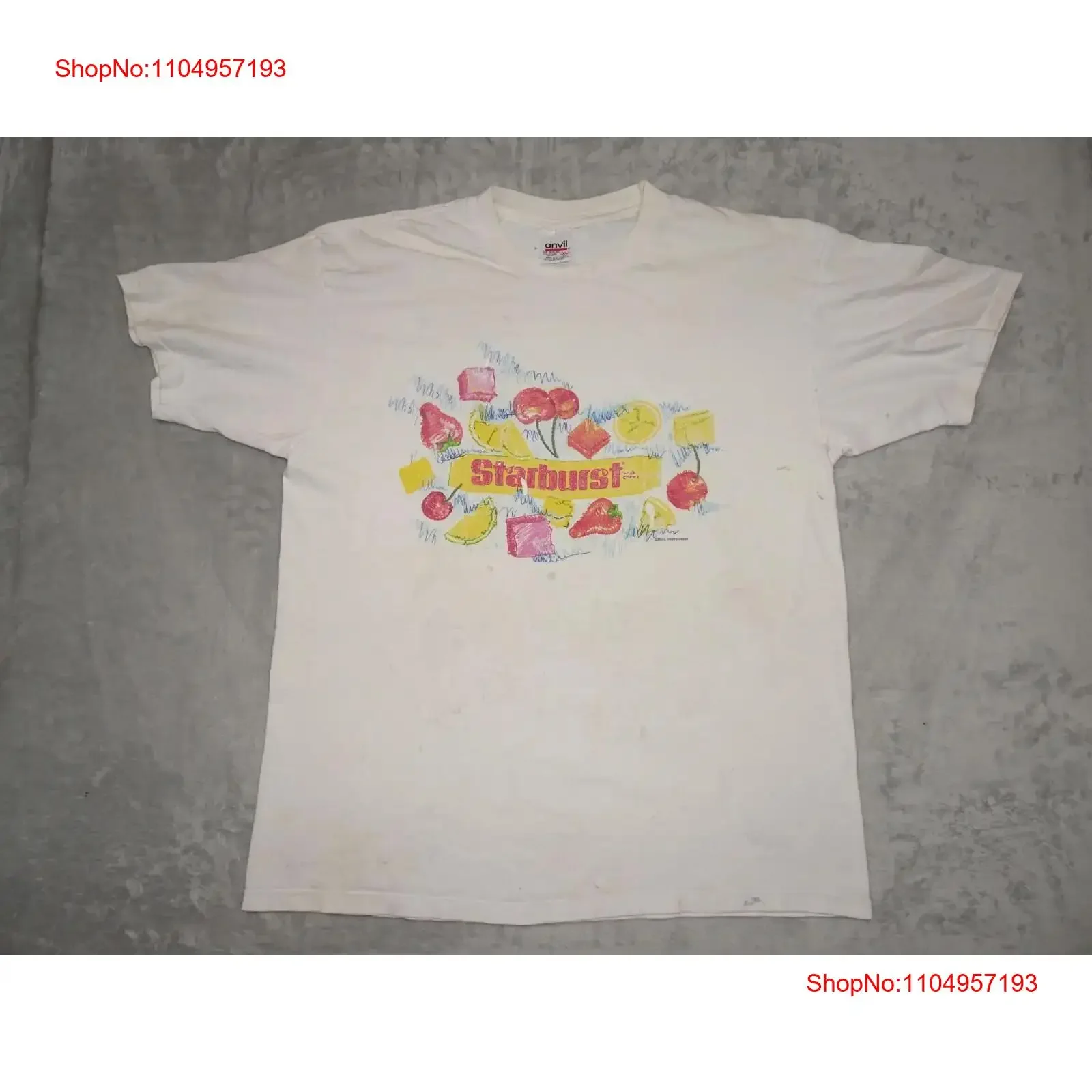 Vtg Starburst Fruit Masks camiseta Y2K Promo Candy Mars Inc yunque XL blanco desgastado vintage lavado Unisex transpirable estirado