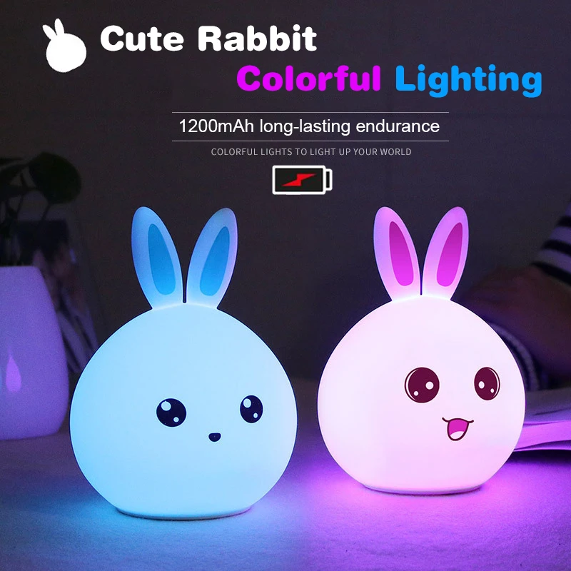 Rechargeable LED Night Light Cute Rabbit Colorful Light Clap Lamp Pat Lamp Night Feeding Baby Bedroom and Kid\'s Christmas Gift