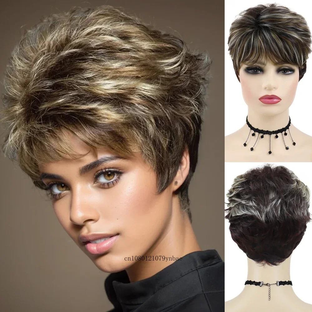 

Synthetic Mix Brown Highlight Wigs for Women Natural Curly Short Pixie Cut Wig with Bangs Heat Resistant Daily Party Costume