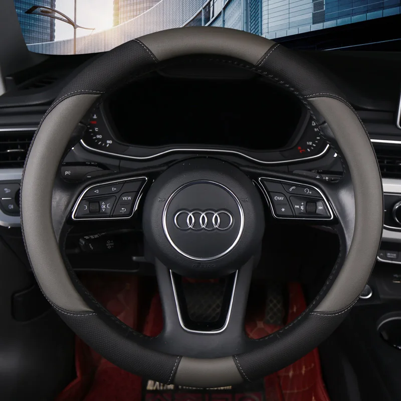 Punched Leather Car Steering Wheel Cover Universal Fit for 14 .5-15 Inch Durable Leather Cover Univeral for All Seasons